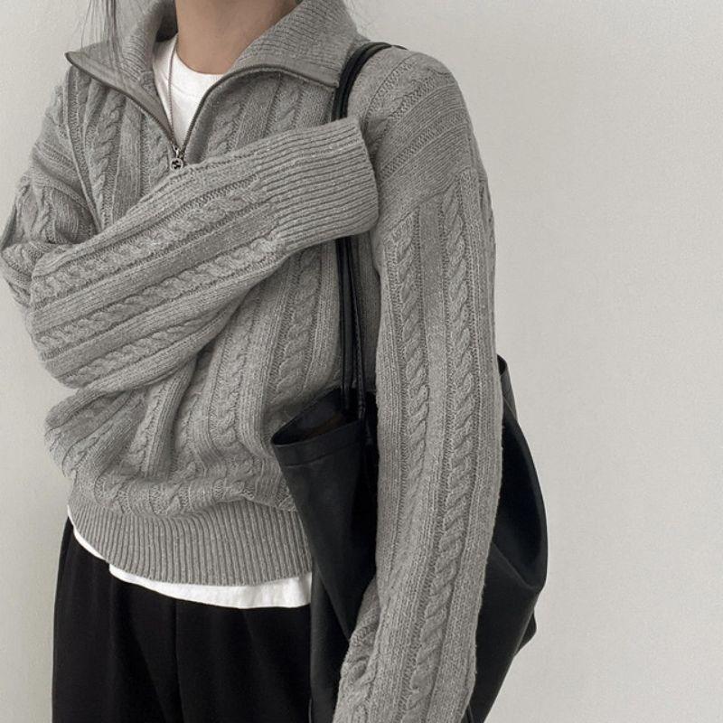 Korean Style Retro Cable Knit Zipper Pullover Sweater - Women's Autumn/Winter 2025 Collection