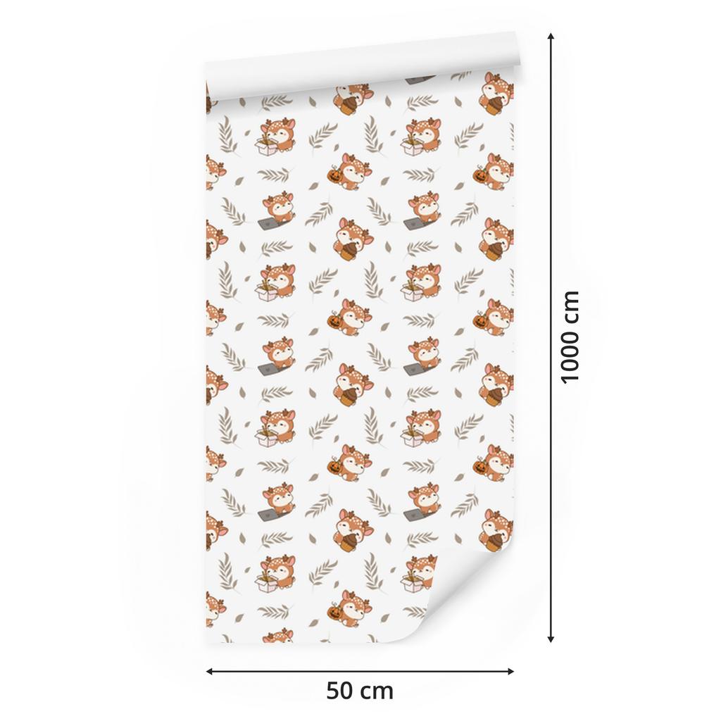 Deer wallpaper white, light gray, cream and beige 50x1000