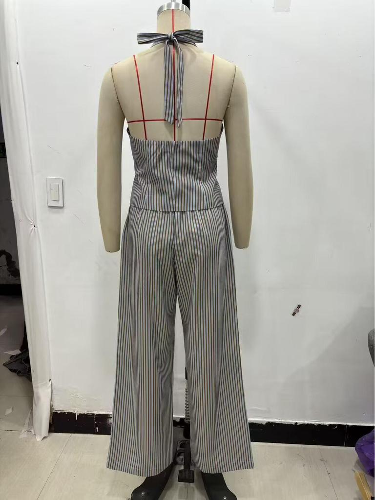 ZA Women's Summer 2025 Retro Striped Halter Neck Vest and Straight Leg Pants Set
