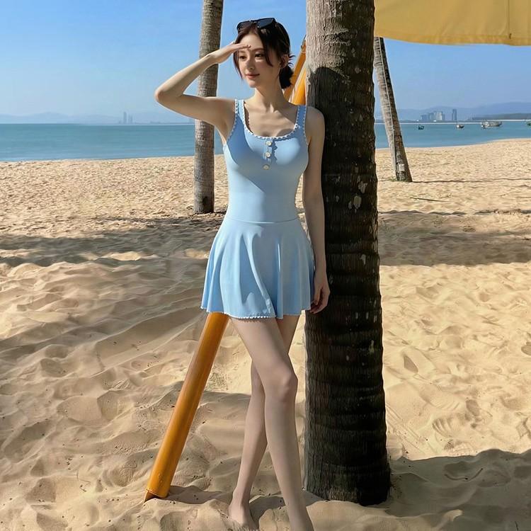 One-piece swimsuit French simple sweet pure want to cover the meat and look thin one-piece skirt hot spring vacation swimsuit
