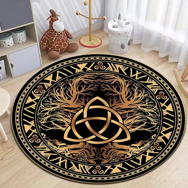 Viking Inspired Round Rug with Norse Symbols and Celtic Patterns Floor Mat for Nordic Decor Adding Mystic Ancient Charm