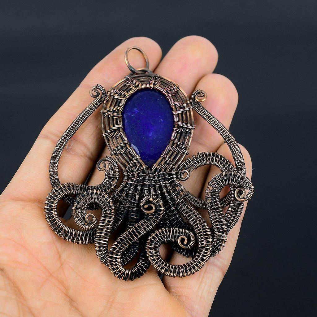 Blue Sapphire Pendant, Handmade Gemstone Pendant, 999 Copper Wire Wrapped Pendant Antique Jewelry, For Engagement Gift