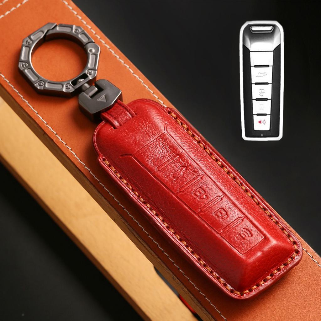 4 Botton Genuine Leather Auto Key Fob Remote Cover Case Fit For Wey Mocha Coffee 01 Tank 300 Tank300 Coffee01 Coffee1 Key Ring Auto Accessories