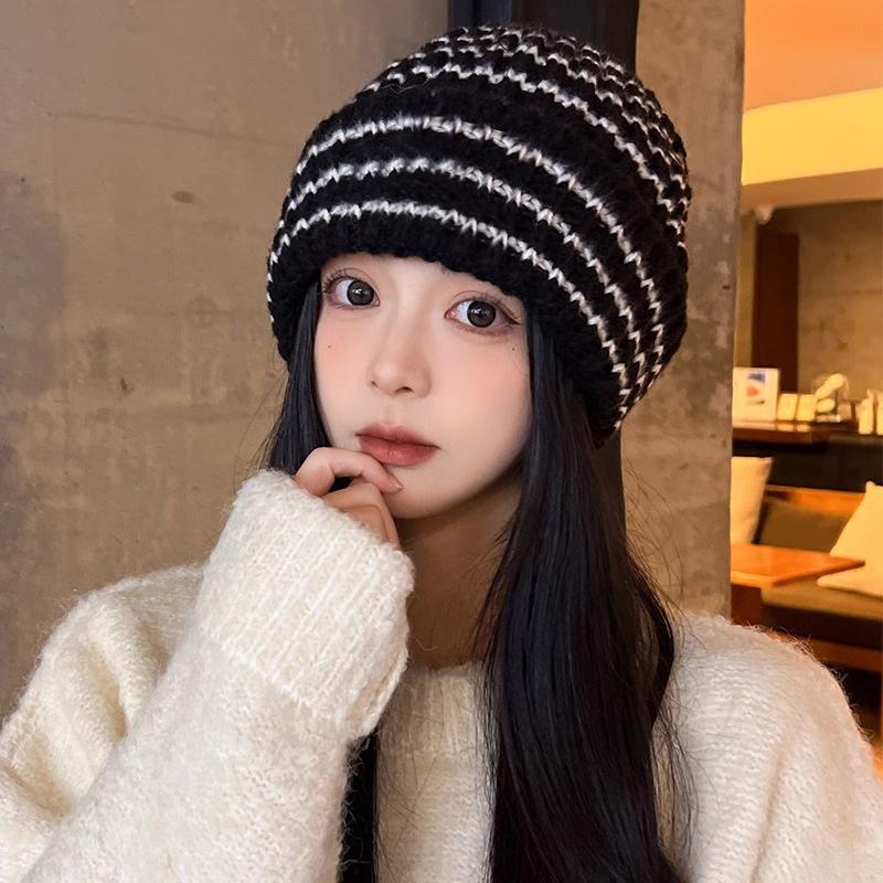 Japanese style Striped Letter Loose Large Headed Woolen Cap Warm and Versatile for Children In Autumn and Winter  Knitted Cap Pile Cap for Men