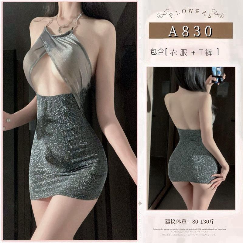 Sexy underwear sexy secretary hot hip skirt nightclub silver lace shiny chest wrapping pajamas hanging neck seduction woman