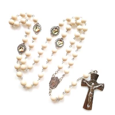 Catholic White Beads Rosary Necklace Virgin Mary Medal & for Cross Pendant Favors for Baptism Communion Weddings Party
