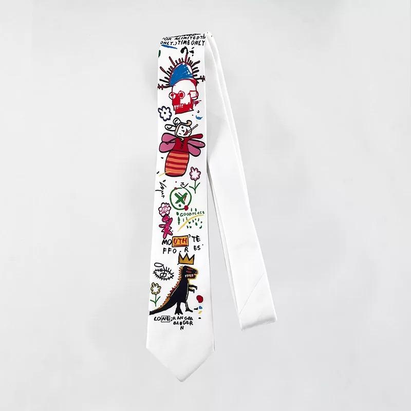 Graffiti Printing Hip Hop Punk White Tie Women Fashion Y2k Kawaii Necktie Casual Shirt Ties For Woman Gift Box