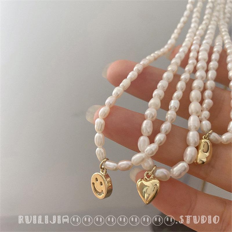 French Retro Freshwater Pearl Smiley Heart Pendant Necklace - Korean Style Women's Choker