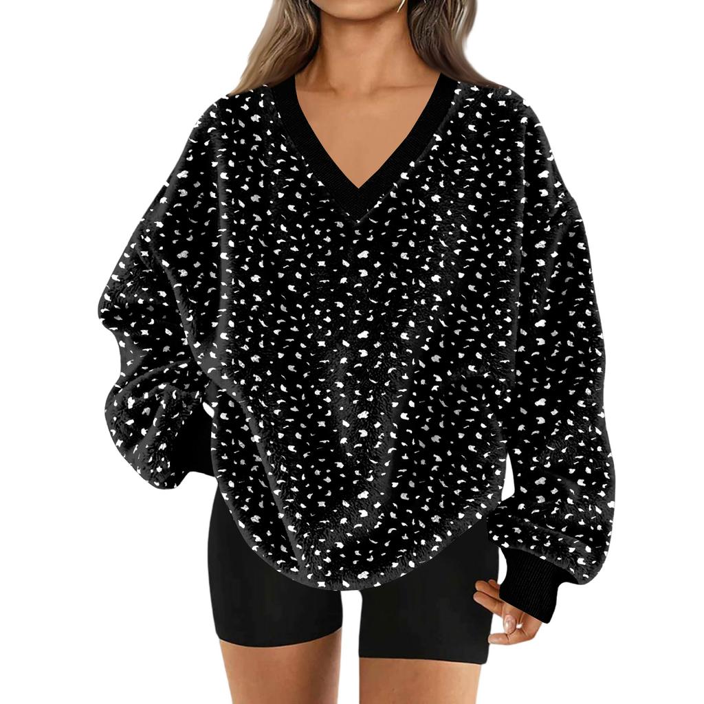 Women's V-Neck Sweatshirt Plush Solid Color Casual Fashion Long Sleeve With Pocketed Pullover Top