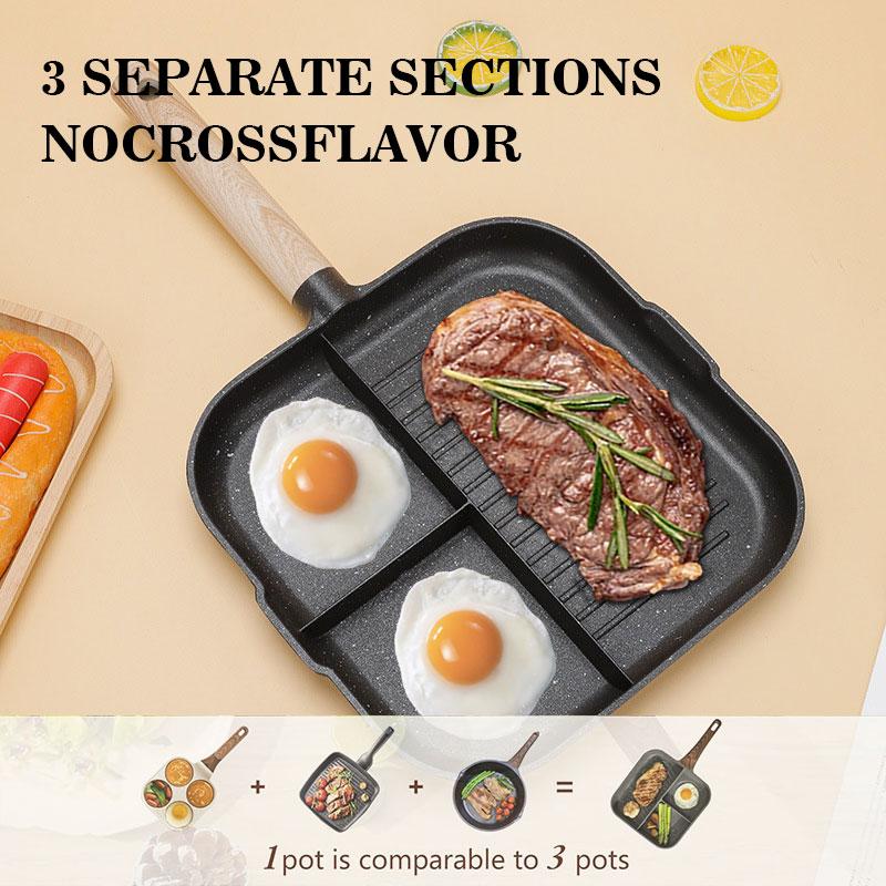 3 In 1 Frying Pan Aluminum Alloy Partitioned Non Stick 3 Section Divided Breakfast Pan Grill Pan Multifunction Kitchen Egg Pan