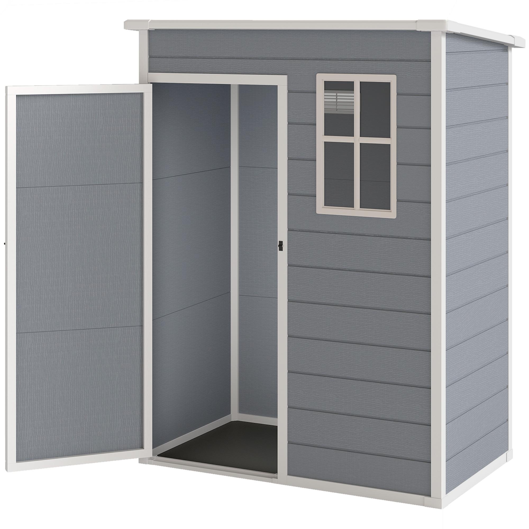 5 x 3 Cabane de jardin en plastique avec plancher Cabane de rangement extérieure avec porte verrouillable, fenêtre et aération pour jardin, terrasse Gris