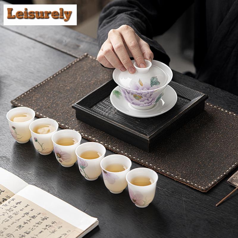 135ml Chinese Hand-painted Peony Gaiwan Elegant White Jade Mud Porcelain Tea Tureen Tea Brewing Cover Bowl Tea Services Gifts