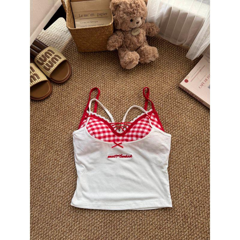 Kumikumi Pure Desire Style Design Sense Fake Two Pieces All-Match Cami Women Summer Letters Print Sexy Top