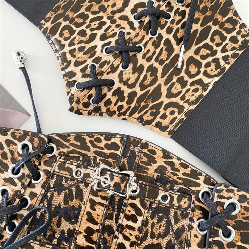 Lace Leopard Pattern Corset Women Waspie Laceup Tied Waistband Retro Cincher for Formal Event Party Elastic Waistbelt