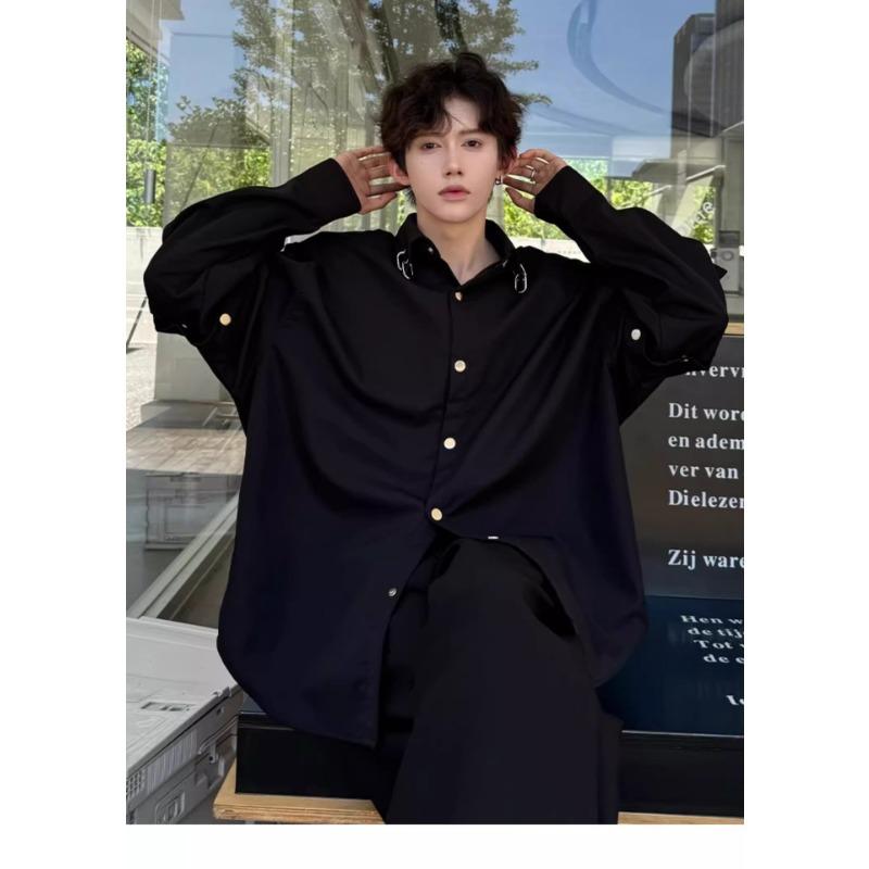 Men's Black Metal Ring Detail Button Down Shirt Casual Detachable Sleeve Oversized Streetwear Top