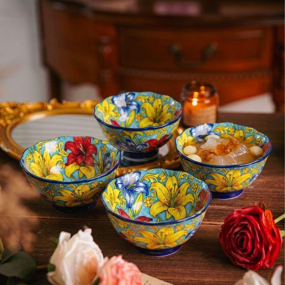 Lilienblume 5-Zoll Spitze Reisschüssel Set of 4 - Hochwertiges Keramikgeschirr