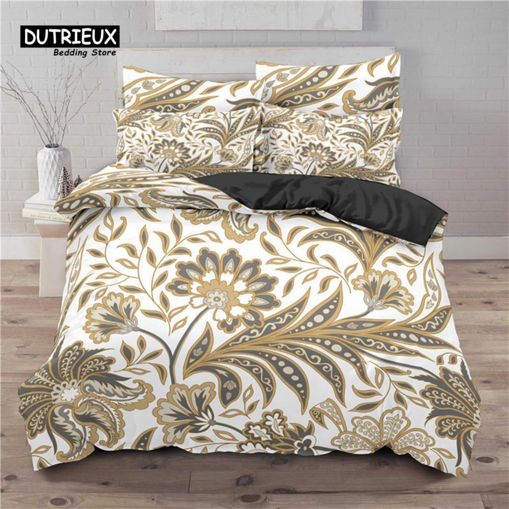 Golden Floral Bedding Set Queen Size Microfiber Bohemia Flowers Leaves 3D Print Duvet Cover For Kids Teens Adults Bedroom Decor