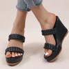 Fashion Women's Retro Thick Bottom High Heel Sandals Woven Patent Leather Wedge Sandal Female Office Ladies Non Slip Black Slides Mujer