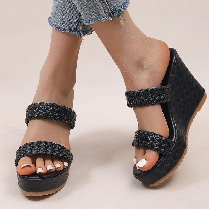 Fashion Women's Retro Thick Bottom High Heel Sandals Woven Patent Leather Wedge Sandal Female Office Ladies Non Slip Black Slides Mujer