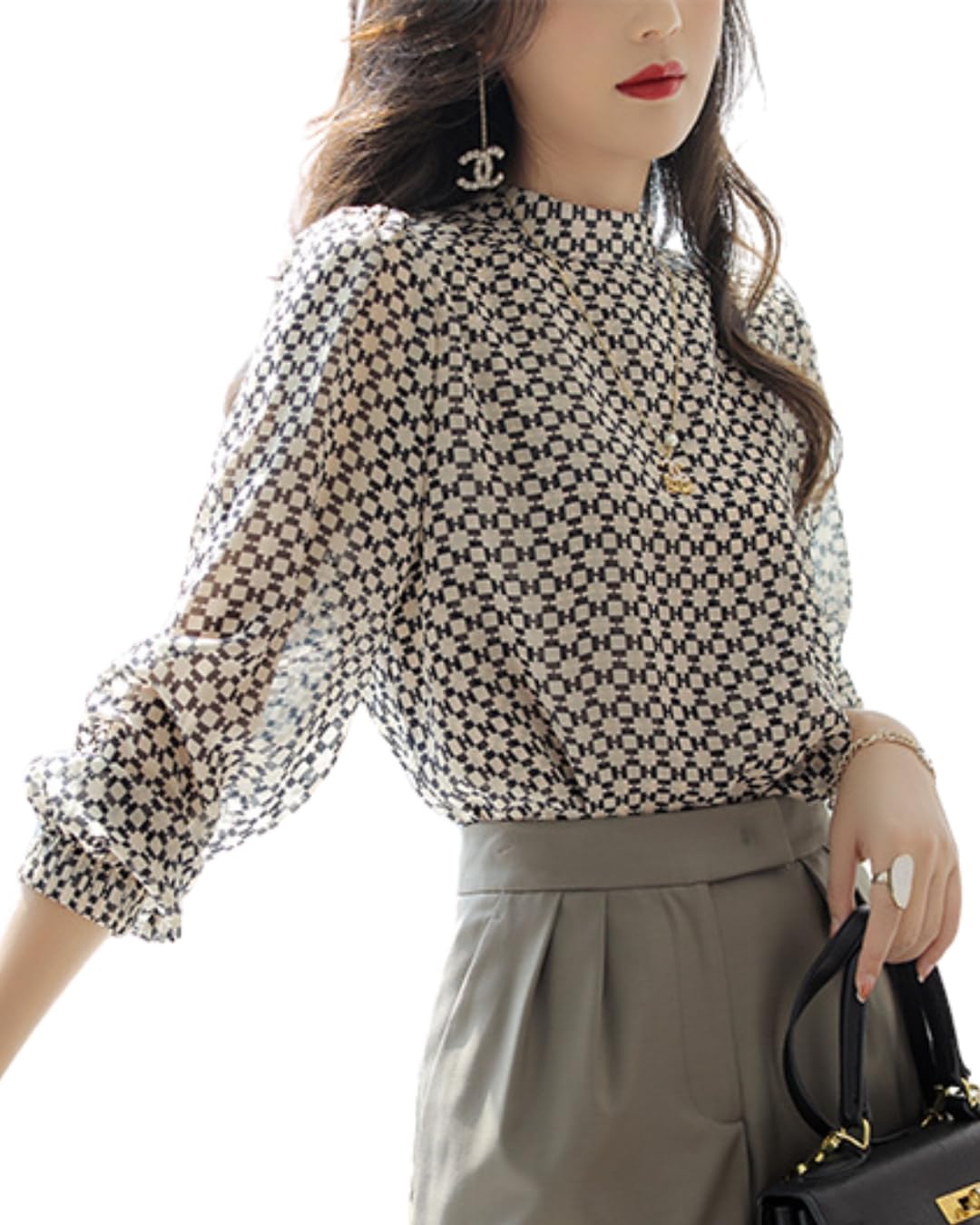 

PORCO CASA Long Sleeve Chiffon Sheer Elegant and Business Retro Style with Stand Collar and Geometric Stylish and Stylish for and White and Black белый