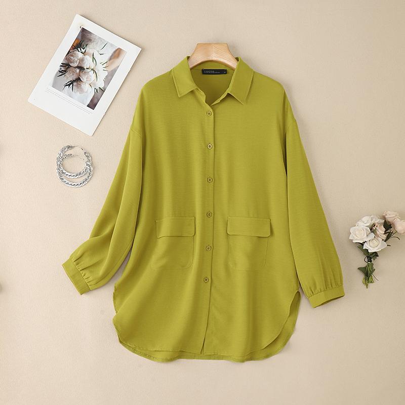 ZANZEA Women Turn Down Collar Solid Color Loose 3/4 Sleeve Blouse