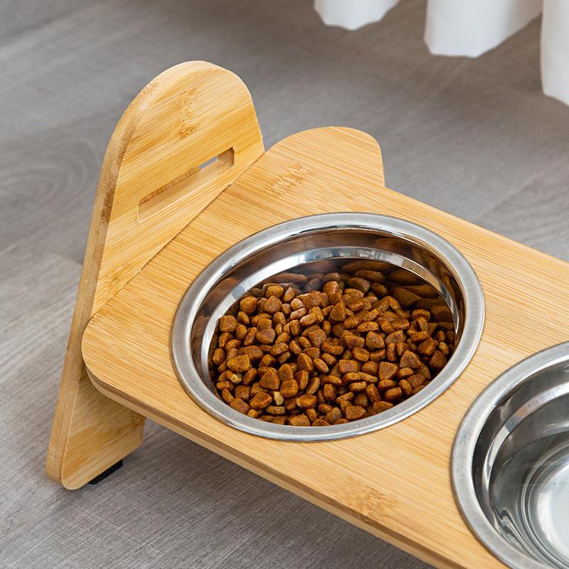 Adjustable Bamboo Cat & Dog Bowl Stand with Double Bowls and Pet Neck Protection