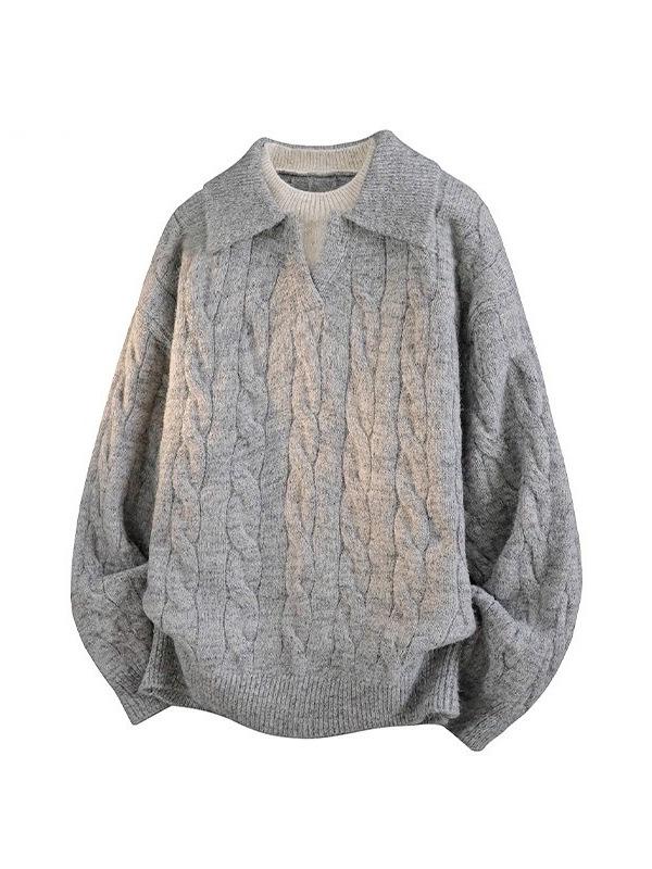 Men's Autumn V-Neck Knit Sweater: Loose-Fit Korean Polo Style