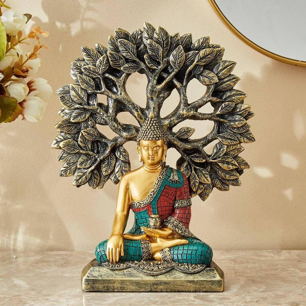 Tree Buddha Statue Showpiece Idol Home Decor Items for Living Room and Gifts Decorative Showpiece - 24 Cm  (Resin, Gold, Blue, Red)