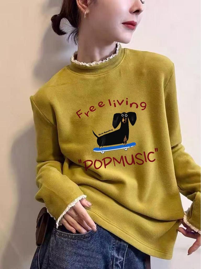 Women's Trendy Lace Collar Puppy Print Velvet Thick Long Sleeve T-Shirt for Autumn/Winter