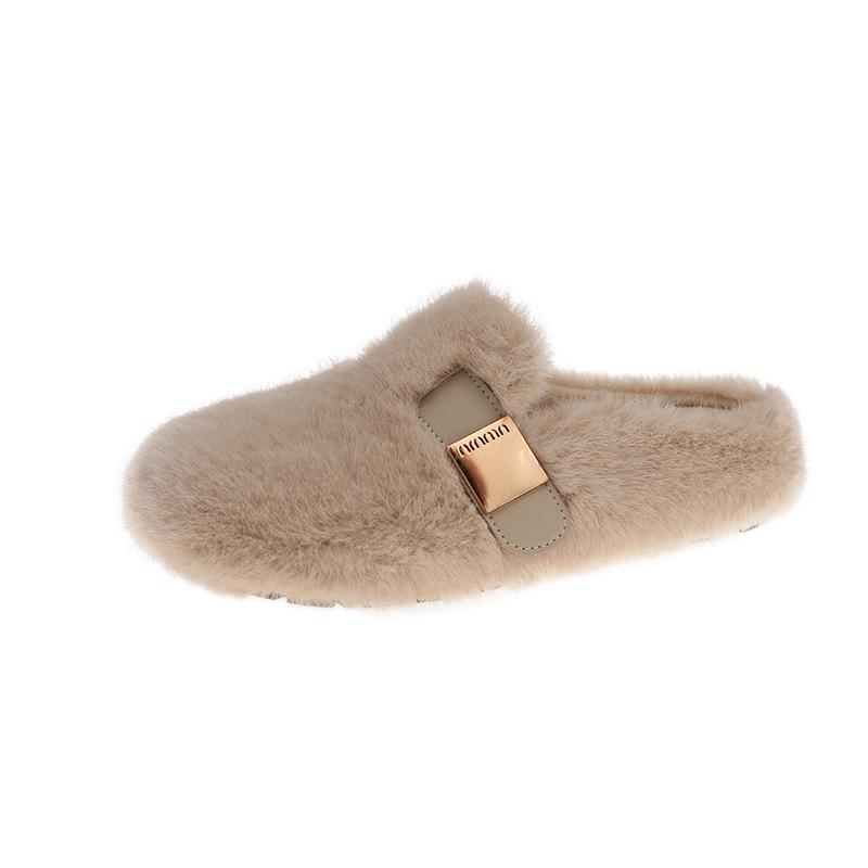 Mao Mao slippers women's wear 2025 autumn and winter new Doudou shoes one pedal Mao Mao lazy cotton shoes flat half slippers