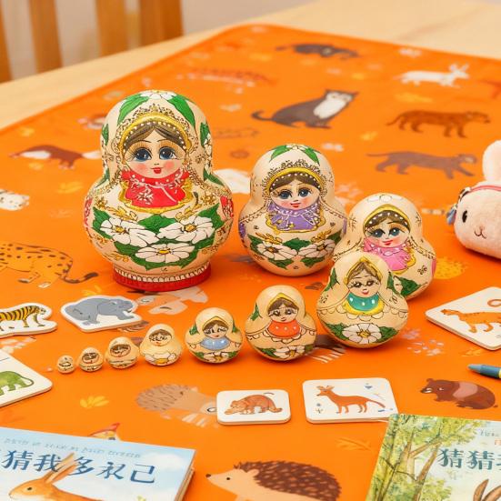 Yousheng 10Pcs/Set Vintage Russian Nesting Doll Handmade Wooden Matryoshka Doll 10 Layers Girl Stacking Toy Home Office Desktop Decoration Ornament
