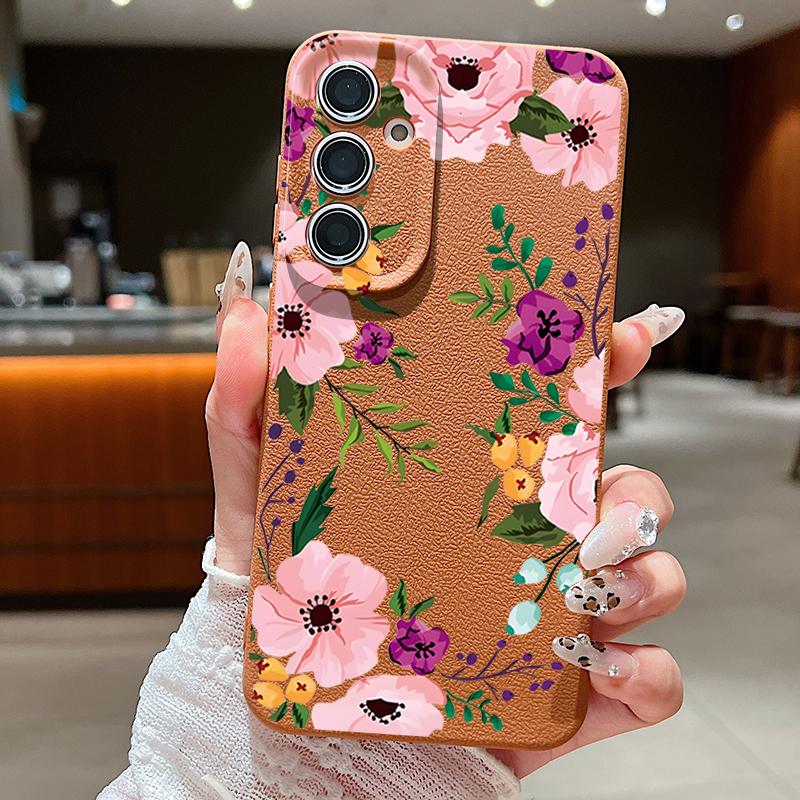 Floral Print Shockproof Phone Case For Samsung S25 Ultra S24 FE S23 S22 A56 A36 A55 A16 A26 A35 Slim Matte Leather Texture TPU Soft Bumper Cover