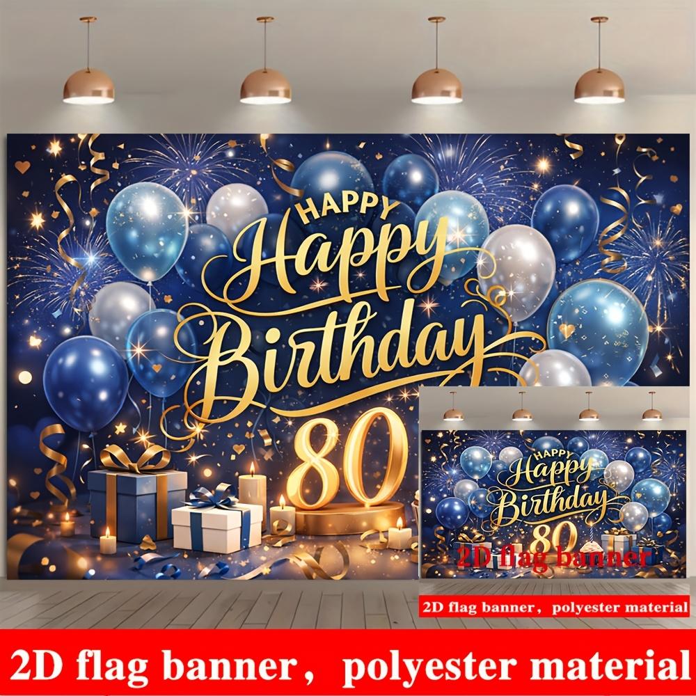 Striscione 80° Buon Compleanno Sfondo Palloncini Blu Argento Candele Poliestere