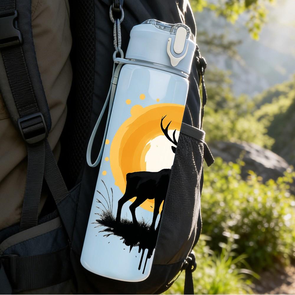 1PC Moon Elk Silhouette Pattern 750ml Color Plastic Sports Water Bottle Leakproof Flip Straw Lid Suitable for Sports Office Home Use