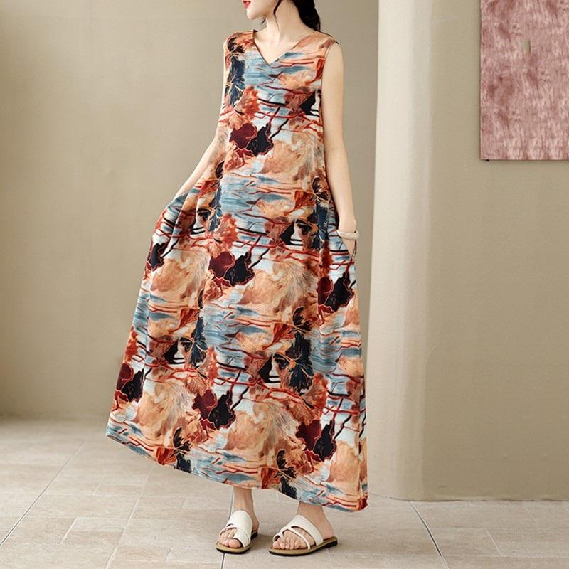 Sleeveless Plus Size Cotton Vintage Floral New In Dresses for Women Casual Loose Long Summer Dress