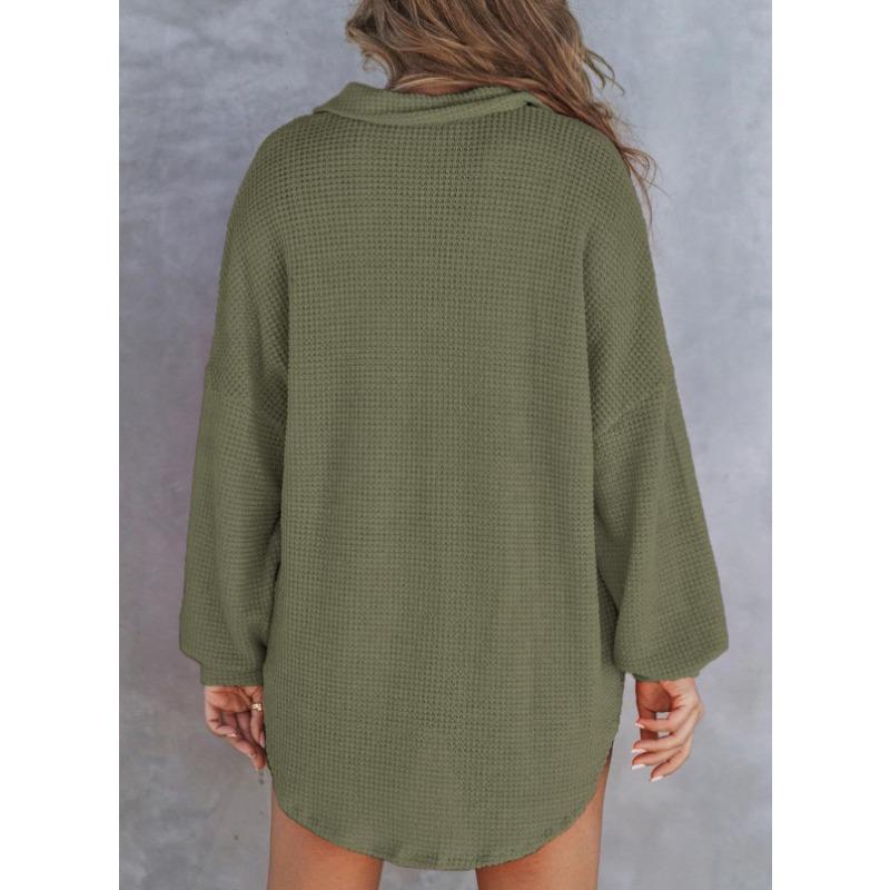 DAFIFY Women's Fashion Casual Spring Autumn Solid Color Print Long Sleeve POLO Neck Blouses & Shirts