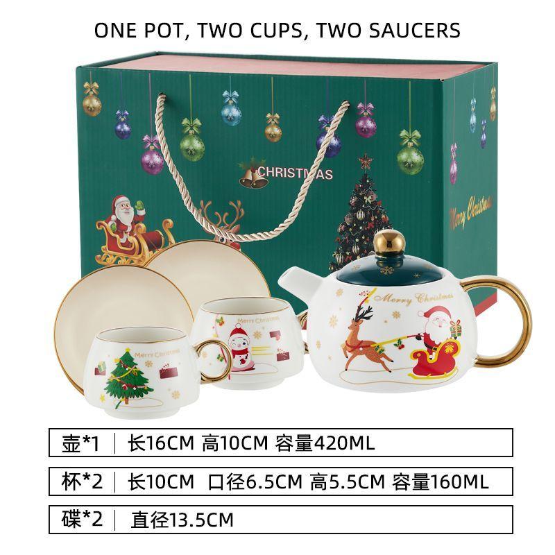 Special Gold-plated Tea Set Christmas Gift One Pot Two Cups Christmas Tea Pot Set Coffee Cup Saucer Teapots Teaware