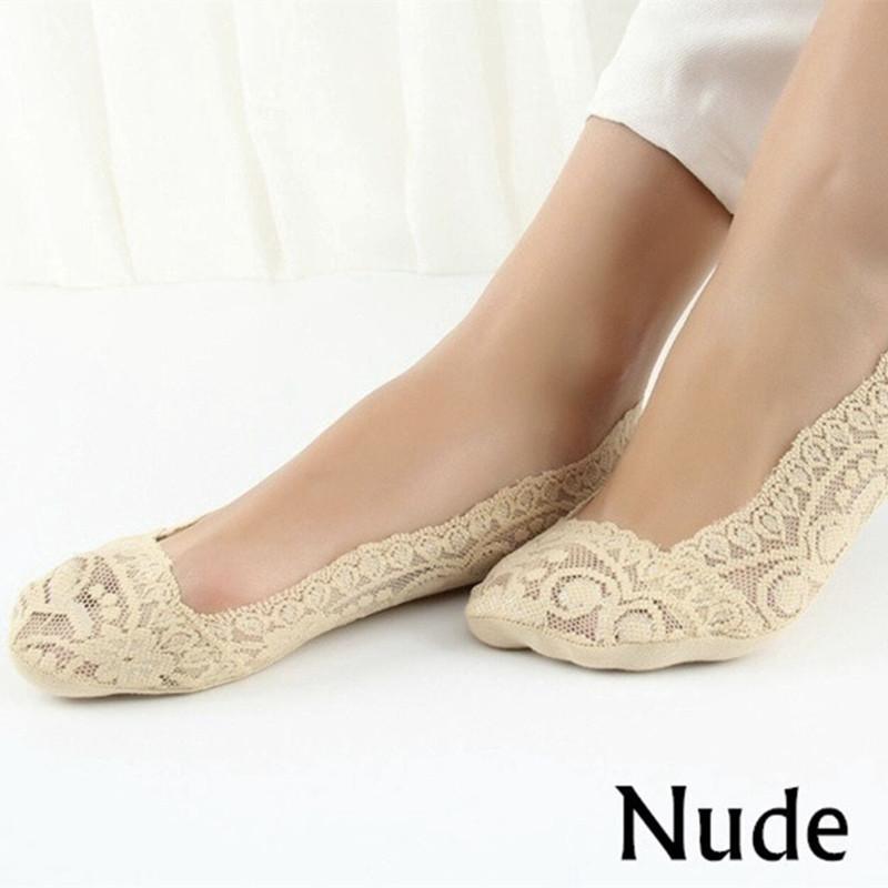 

5 пар летних женских кружевных носков-лодочек с силикагелем, Невидимые хлопковые подошвы, нескользящие противоскользящие тапочки, противоскользящие носки one size бежевый