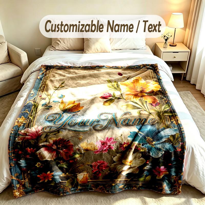 Floral Garden Theme Soft Blanket Personalized Custom Name Text Print Warm Blanket Home Sofa Bedroom Decor