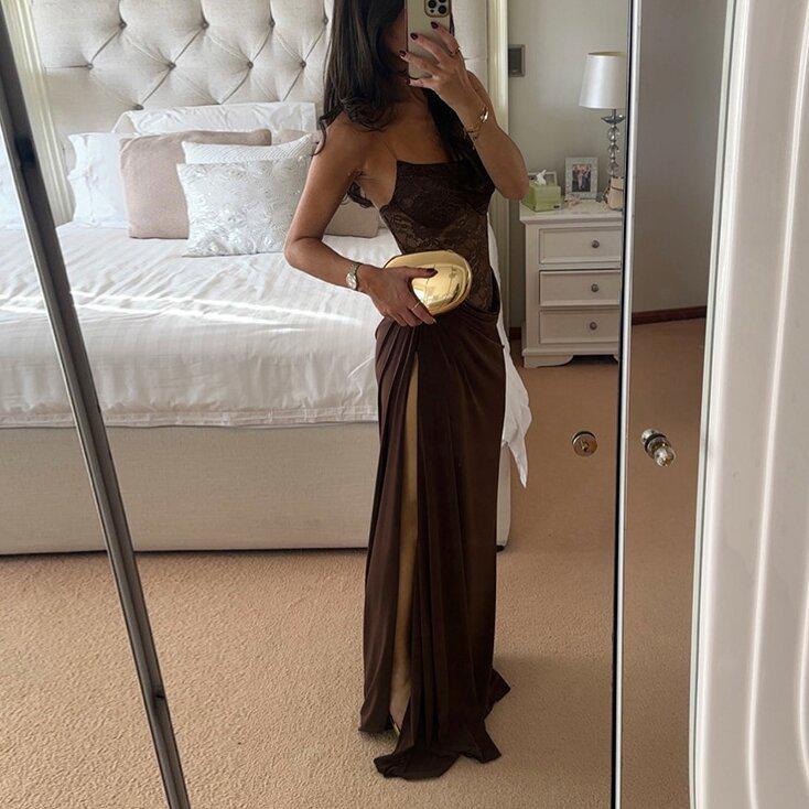 European Summer 2025 Sexy Spaghetti Strap Lace Patchwork Long Dress for Women