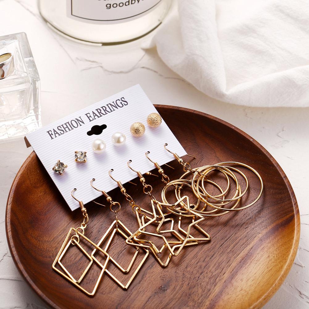 6pairs/set Women Fashion Pearl Five-pointed Star Large Circle Earrings Set