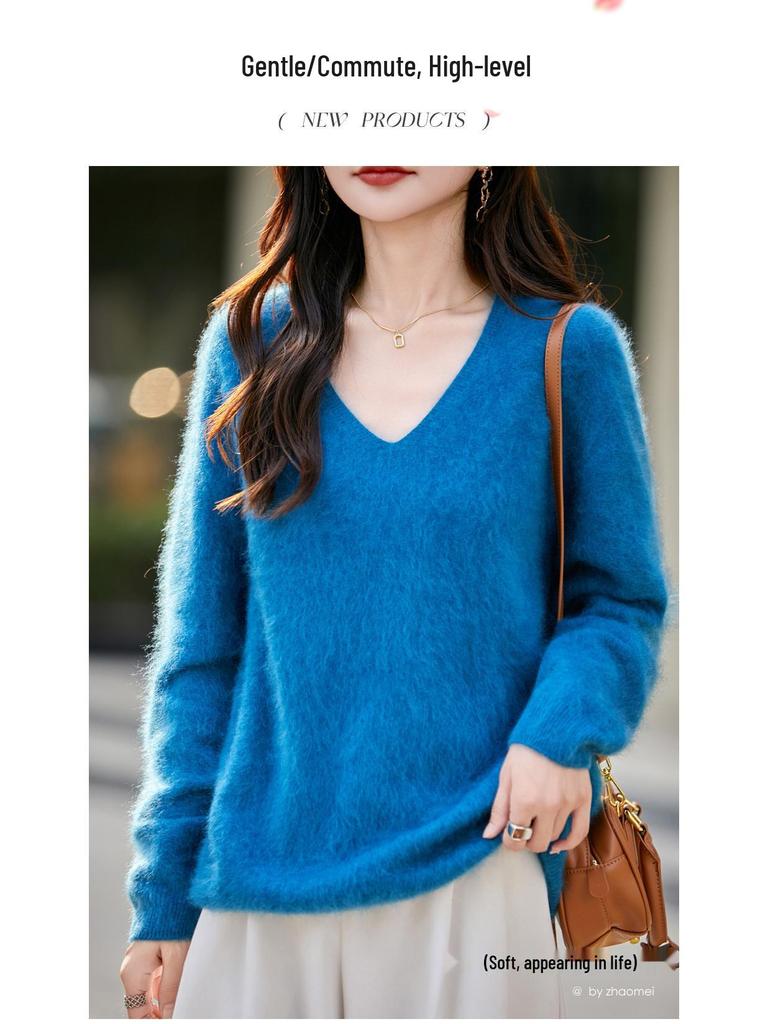 Autumn & Winter 100% Pure Wool V-Neck Loose Women's Knitted Sweater