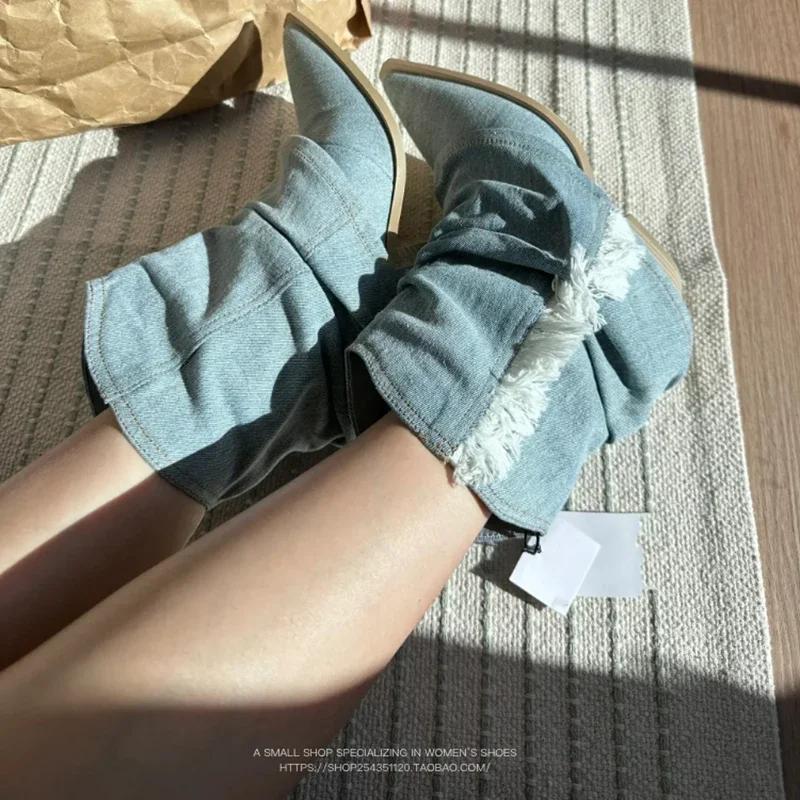 Dámské džínové kovbojské boty se špičatou špičkou, módní nazouvací kotníkové boty v retro stylu na podzim a zimu