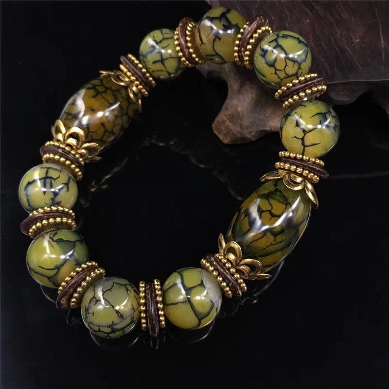 Natural Beautiful Stone Bracelet Green Ice Flower Bracelet Retro Tibetan Ethnic Style Bracelet Precious Jewelry