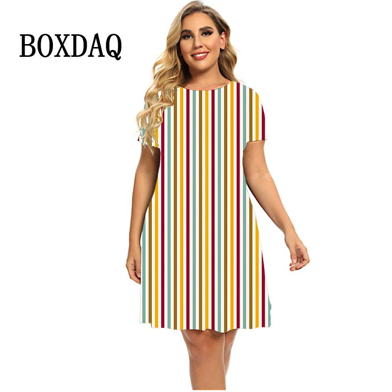 Bunt Gestreiftes Kleid Sommermode Straße Beiläufiges Loses Kleid Frauen Übergroße Kurzarm Elegante Damen Büro Minikleider