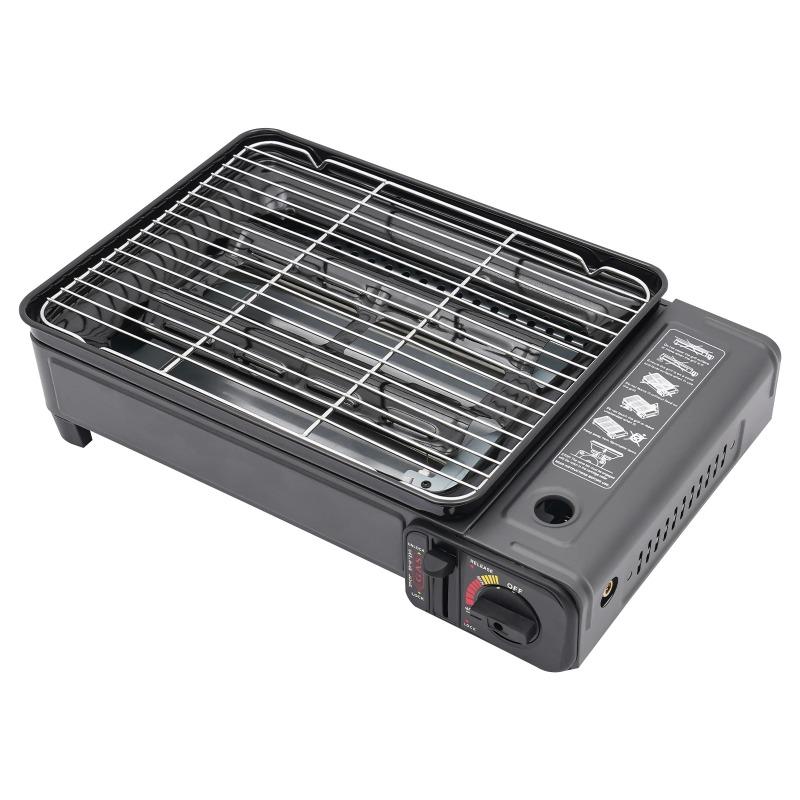 Portable Butane Gas Grill Stove for Outdoor BBQ, Adjustable Flame, Windproof, Non-Slip Feet, Includes Grilling Net and Roasting nero