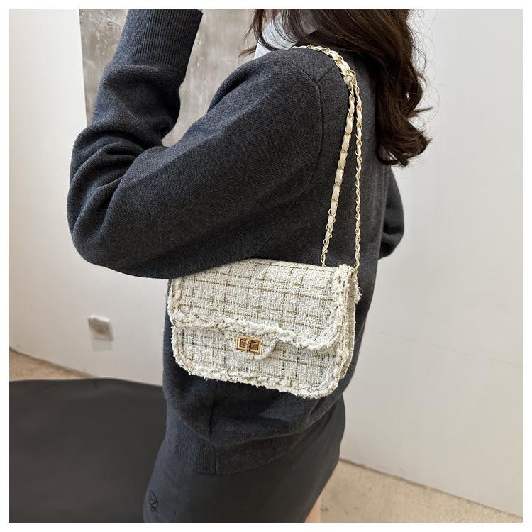 Women's Tweed Chain Small Square Bag Fashionable Single Shoulder Crossbody Bag Vintage Minimalist Handbag