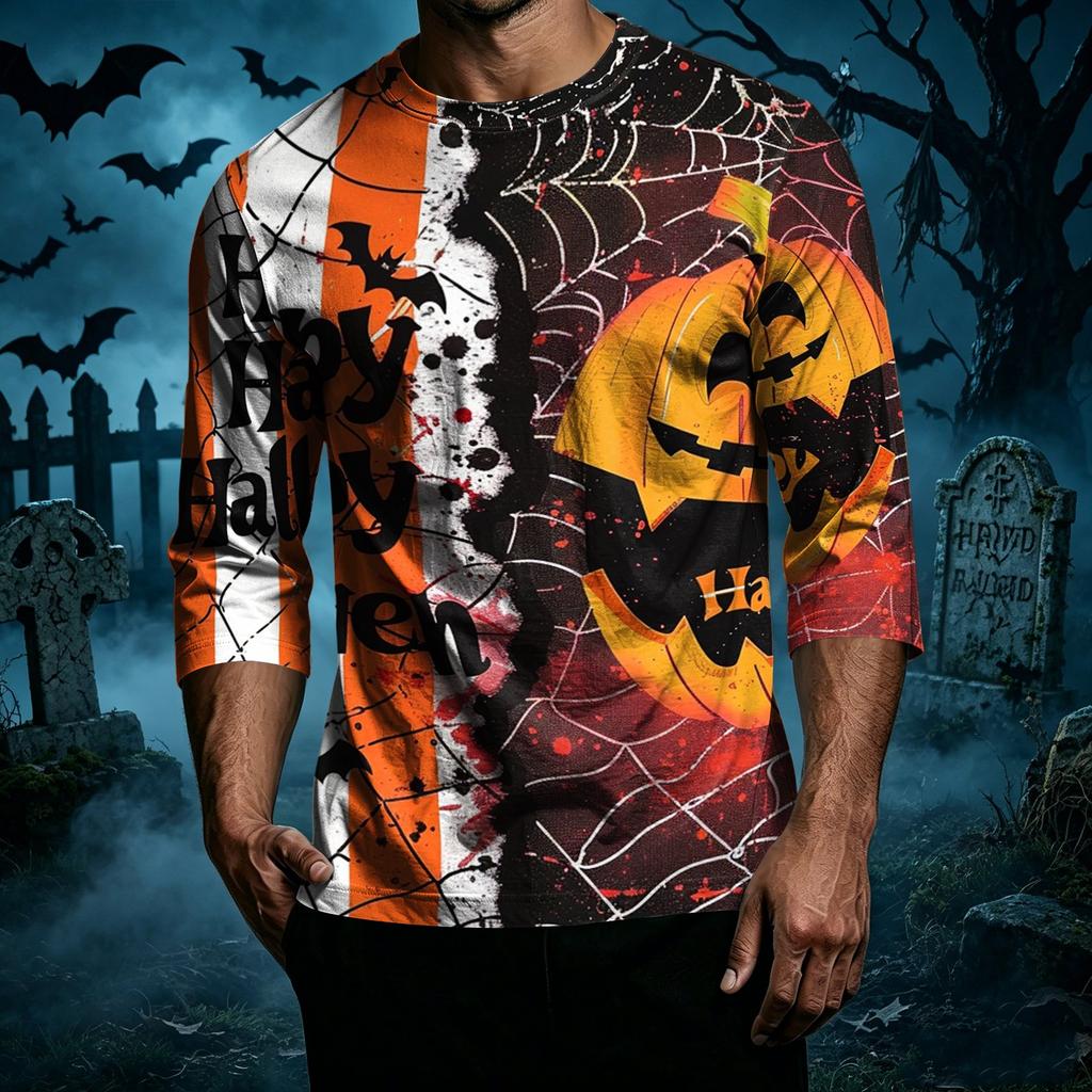 Men's Casual Halloween Printed Crew Neck T-Shirt Three Quarter Sleeve Top Lightweight Comfortable Fit for Everyday Wear