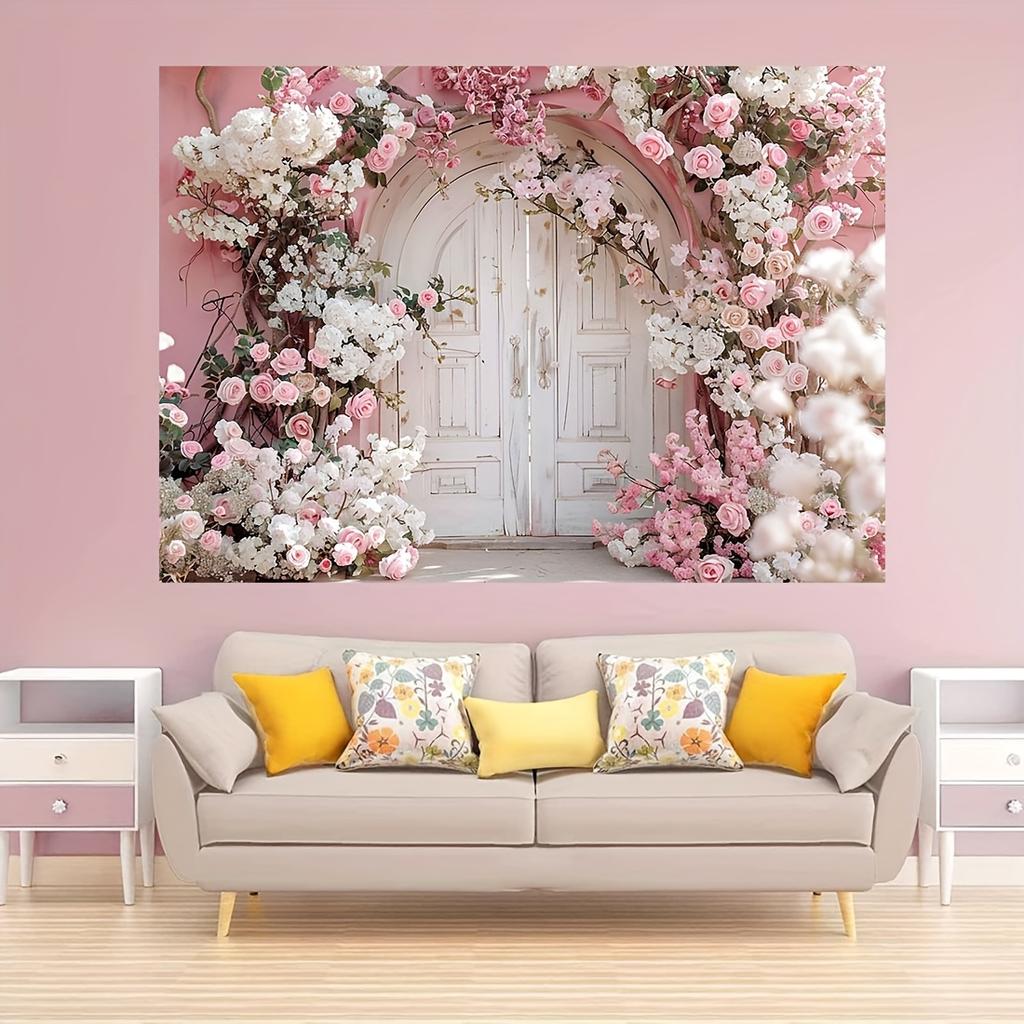 Mehrzweck-Polyester-Fotohintergrund - romantischer Rosenbogen und weiße Tür