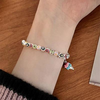 Korean Style S925 Sterling Silver Flower & Ice Cream Charm Bracelet for Women - Sweet Enamel Rainbow Beads Fashion Jewelry